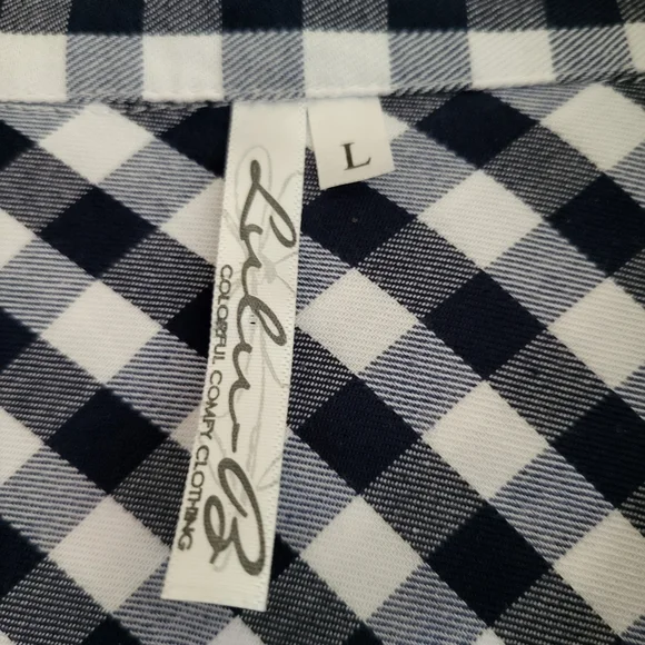 Lulu-B Long Sleeve Gingham Pullover Collared Blouse, Navy Blue and White Size L - Picture 3 of 12